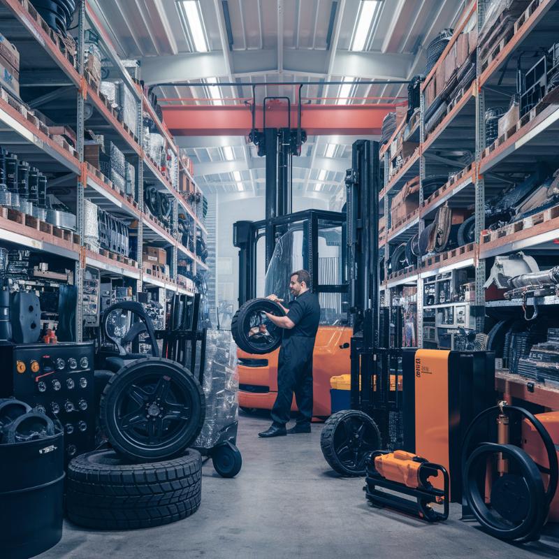 מחסן תעשייתי מואר עם מעמיסים טלסקופים, מרכז שירות ותחזוקה