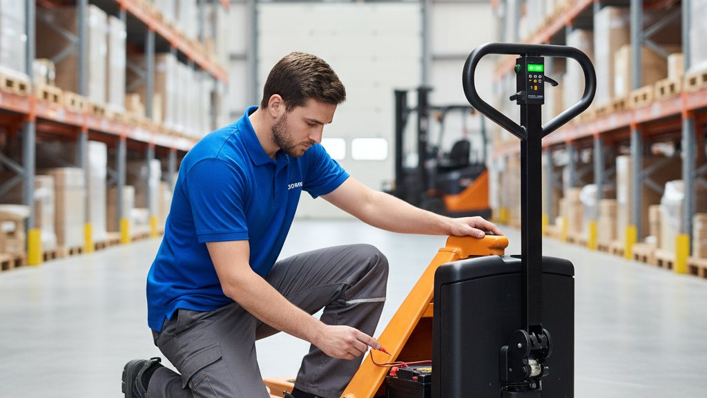 עובד מחסן בודק את מצב הסוללה של מלגזה חשמלית ידנית, מדגים פעולת תחזוקה שוטפת.