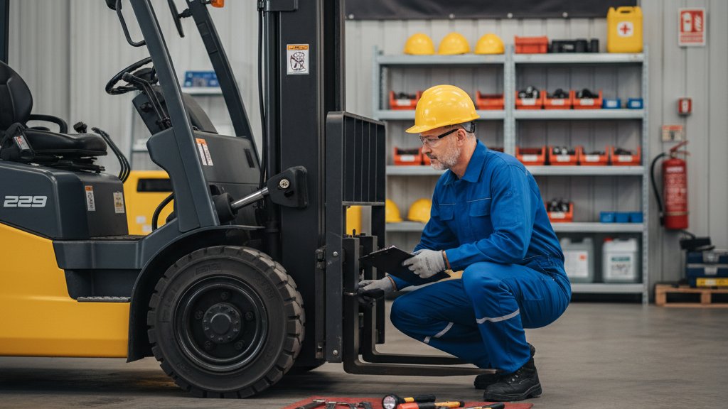 מפעיל מלגזה מנוסה מבצע בדיקת בטיחות שגרתית על מלגזת דיזל תעשייתית, עם כלים וציוד בטיחות ברקע.