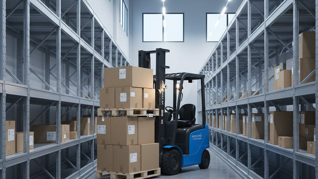 מלגזה חשמלית קטנה בצבע כחול, מרימה משטח עם קופסאות במחסן צר ומודרני.