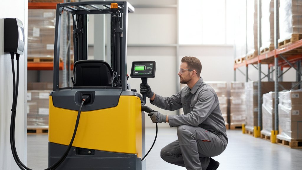 מפעיל מלגזה חשמלית קטנה בודק את מצב הסוללה, כאשר המלגזה מחוברת למטען.