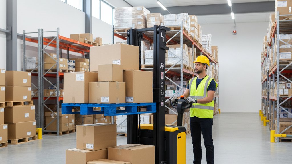 מלגזון חשמלי מודרני מניף משטח כחול עם ארגזים בתוך מחסן מואר ונקי. המלגזון בצבע צהוב-שחור, והמפעיל עומד מאחוריו ומכוון אותו.