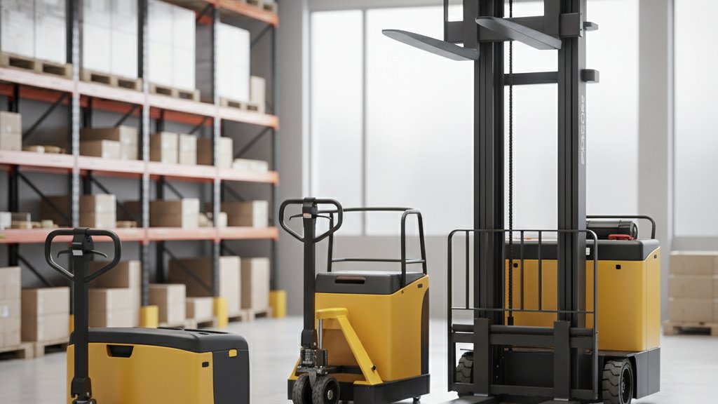 שלושה סוגים שונים של מלגזונים חשמליים ניצבים בשורה במחסן מודרני: מלגזון הולך רגל קומפקטי מקדימה, אחריו מלגזון עם פלטפורמת עמידה, ובסוף מלגזון הרמה גבוה עם תורן מורם חלקית.