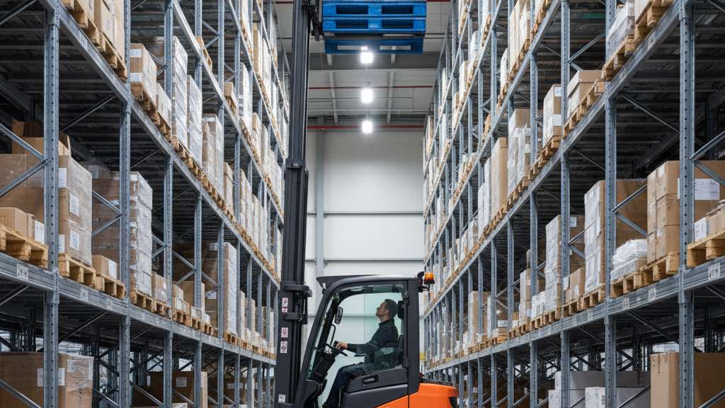 מלגזה היגש חשמלית מרימה משטח כחול לגובה רב במחסן מודרני עם מדפים גבוהים וצרים. המלגזה בצבע כתום או צהוב, והמפעיל יושב בתא סגור ומרווח.