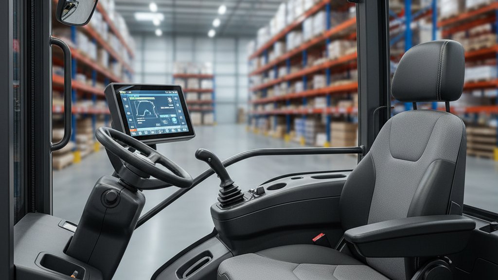 תא מפעיל ארגונומי של מלגזה היגש חשמלית, עם הגה קטן, ג'ויסטיק לשליטה במזלגות, מסך תצוגה דיגיטלי ומושב נוח. הרקע הוא פנים המחסן.