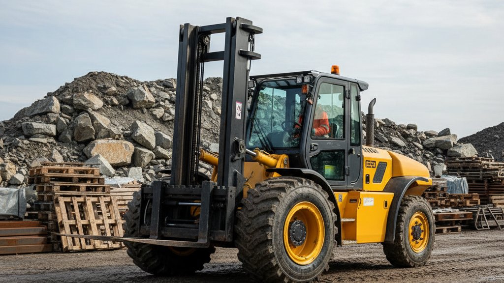 מלגזת שדה חזקה בצבע צהוב, עובדת באתר בנייה בוצי עם ערימת חומרים מאחוריה. המלגזה בעלת צמיגי שטח גדולים ומרכבה מוגבהת.