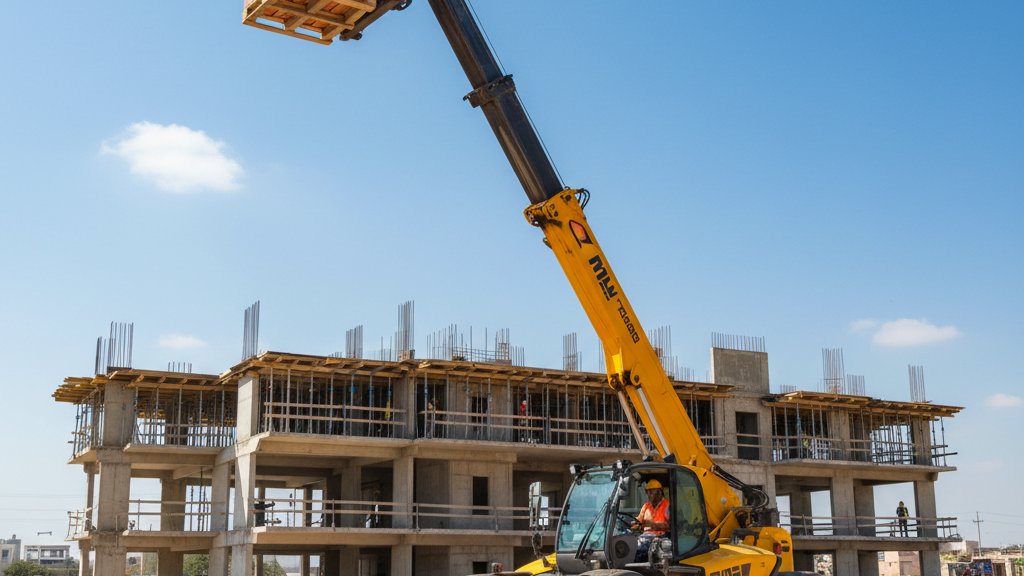 מלגזת שדה טלסקופית גדולה מרימה משטח של לבנים לגובה רב באתר בנייה שטוף שמש. ברקע, מבנה בבנייה.