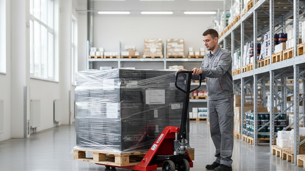 עגלת משטחים ידנית אדומה חזקה מובילה משטח עץ כבד במחסן נקי ומואר.