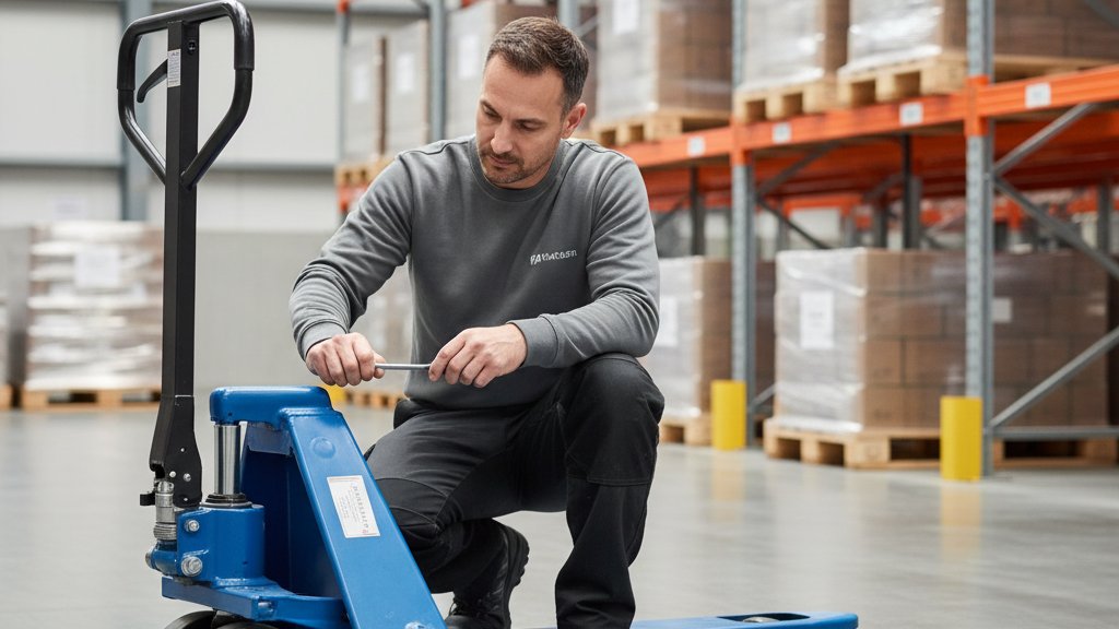 עובד מחסן בודק את הגלגלים של עגלת משטחים ידנית כחולה, תוך הקפדה על תחזוקה שוטפת.